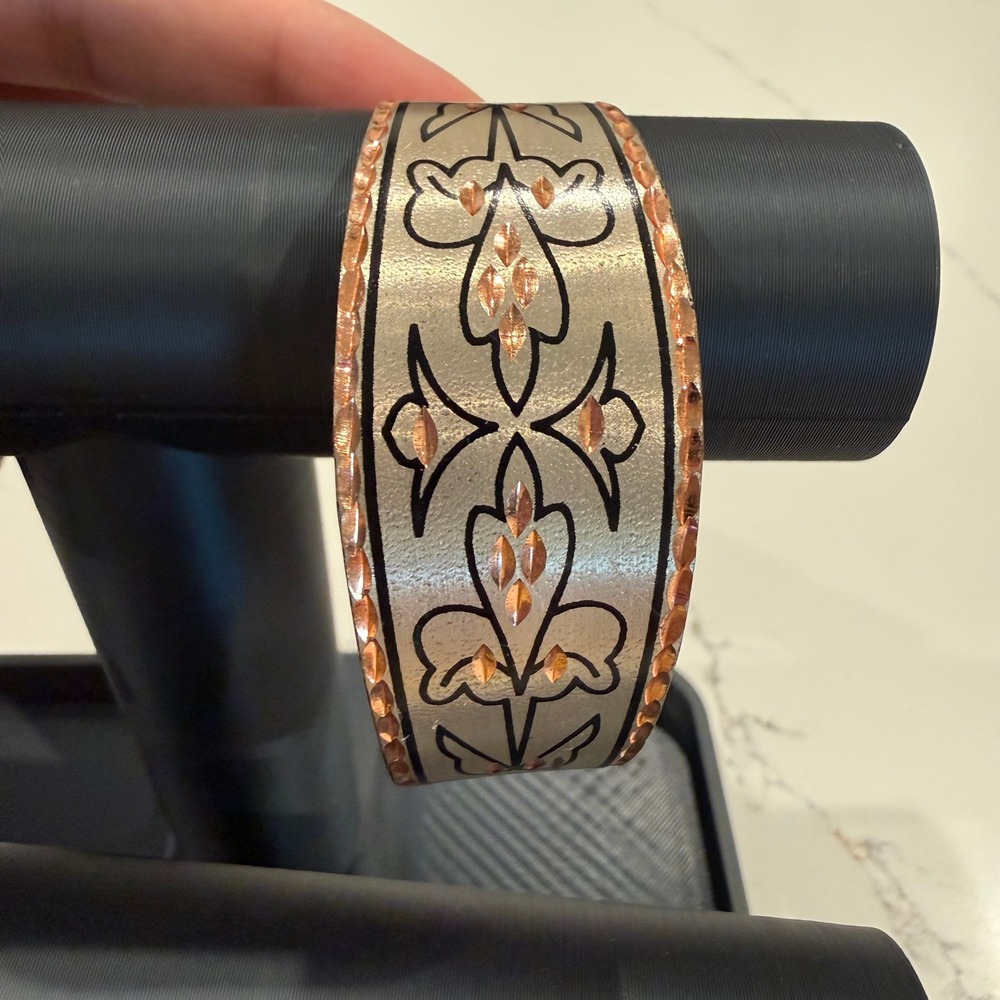 Boho Floral Wide Cuff Bracelet Copper Tone Peach Rhinestone Statement